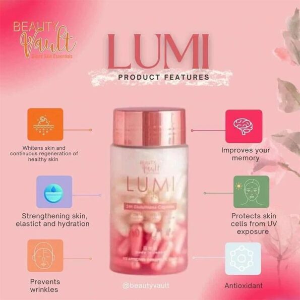 Benefits of Beauty Vault Lumi 24H Glutathione Capsules, with 60caps inside of the bottle | Filipino Skin Care Shop Nz