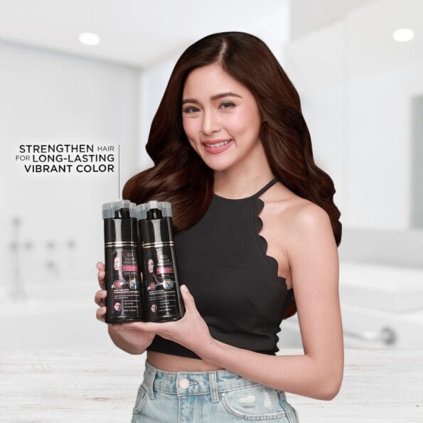 Kim Chui models the product Hair Fix COlor Radiance Hair Coloring Shampoo-Dark Brown & Black enriched with pomegranate & vitamin e, 200ml | Filipino Beauty Products NZ