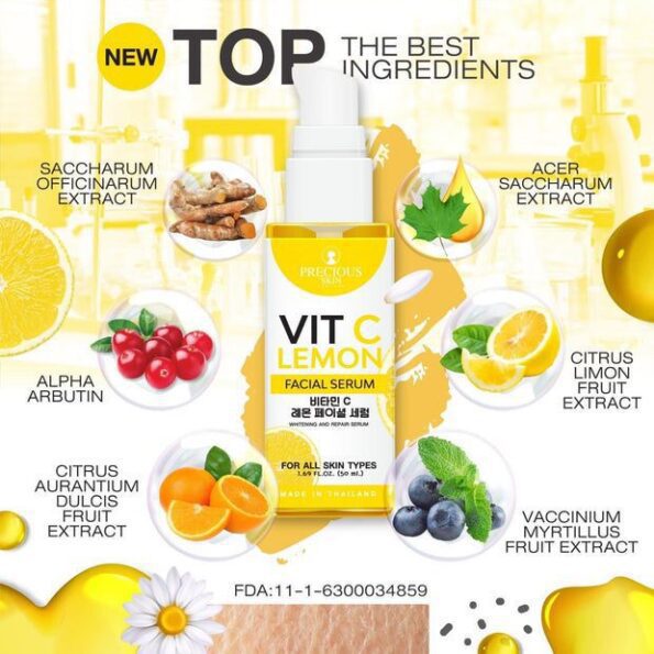 Some of the ingredients used to produce Precious Skin Lady Vit C Lemon Facial Serum, for all skin types 50ml | Thai Beauty Products NZ