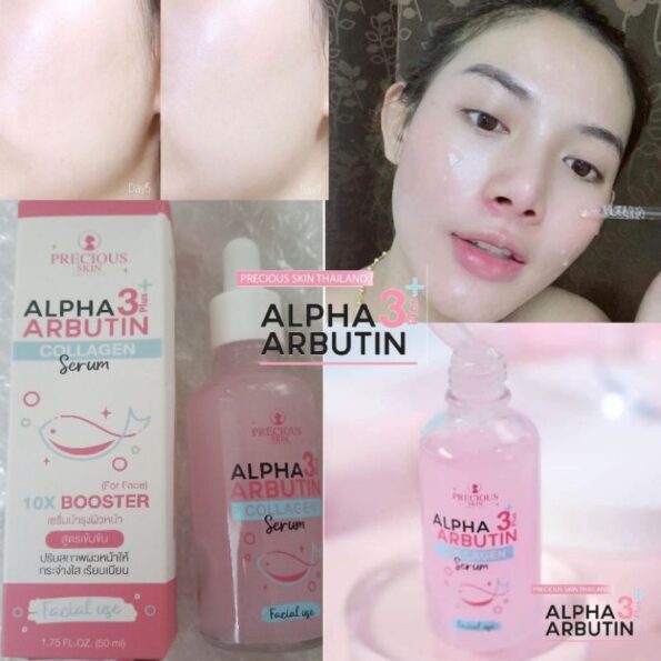 The result after applying the product Precious Skin Alpha Arbutin 3+ Collagen Serum, for face 10X booster 50ml | Thai Beauty Products NZ