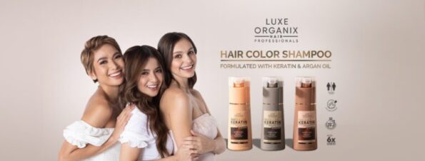 Image shows 3 ladies flexing their hair as they use Luxe Organix Permanent Hair Color Shampoo | Filipino Beauty Products NZ