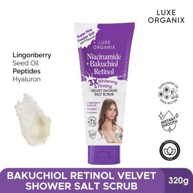 Ingredients - Luxe Organix Niacinamide + Bakuchiol Retinol Shower Salt Scrub 3x whitening & firming velvet shower salt scrub | Filipino Beauty Products NZ, Shop Filipino Beauty Brands NZ, Filipino Skin Care Shop Nz,