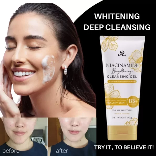 The image shows a lady applying the product AR Niacinamide Brightening Cleansing Facial Cleansing Gel which is applicable for all skin types, below is the before and after result | Thai Beauty Products NZ