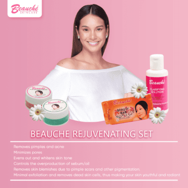A lady showing the Beauche rejuvenating set, and below are its benefits. |