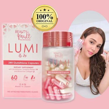 Ivana Alawi showing the product Beauty Vault Lumi 24H Glutathione Capsules, a dietary supplement with glutathione, sunblock protect & Bioactive Collagen, with 60caps inside of the bottle | Filipino Skin Care Shop Nz
