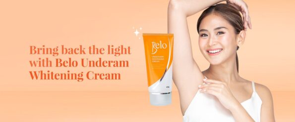 A lady showing her light underarm, beside her is the Belo underarm whitening cream. | Filipino Beauty Products NZ