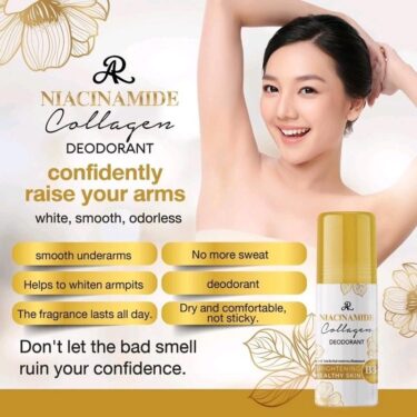 Image shows a lady showing her armpit, the result of applying AR Niacinamide Collagen Deodorant, around her are the list of some benefits of the product | Thai Beauty Products NZ