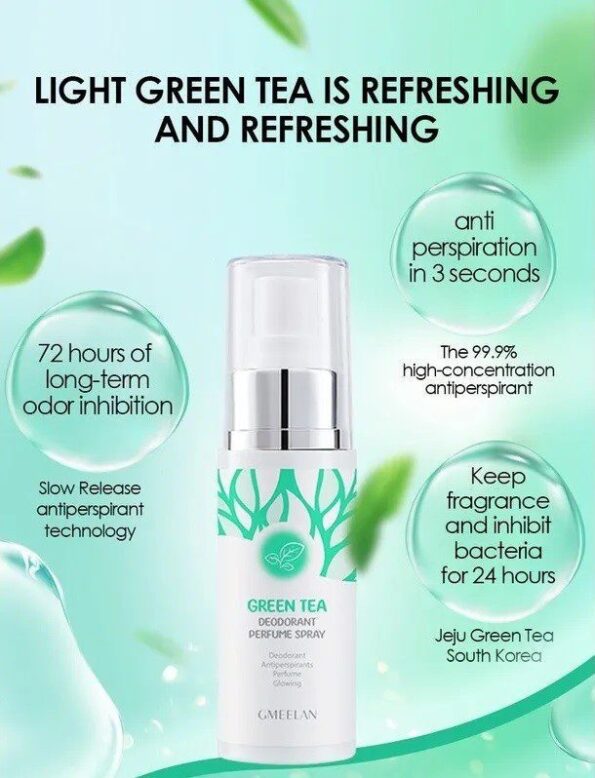 Image shows the benefits of Gmeelan Green Tea Deodorant Perfume Spray; deodorant antiperspirants perfume glowing | Filipino Beauty Products NZ