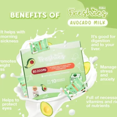 Listed in the image are some of the benefits of Juju Glow Freshies Avocado Milk 80,000mg of hydrolized collagen, japan glutathione, l carnitine & coenzymes q10 with oral sunscreen technology with 10 sachets