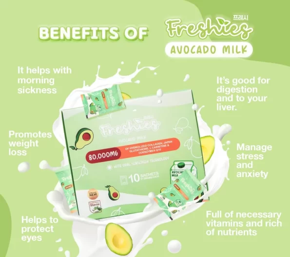 Listed in the image are some of the benefits of Juju Glow Freshies Avocado Milk 80,000mg of hydrolized collagen, japan glutathione, l carnitine & coenzymes q10 with oral sunscreen technology with 10 sachets