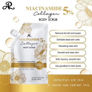 Image shows the benefits of using the product AR Niacinamide 5% Collagen Body Scrub, 300g | Thai Beauty Products NZ