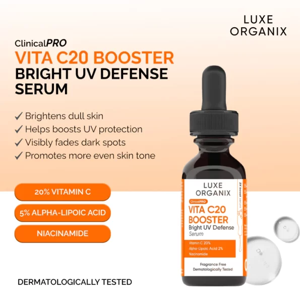Benefits of using Luxe Organix Vita C20 Bright UV Defense Serum; With Vitamin C 20%, Alpha-Lipoic Acid & Niacinamide | Filipino Skin Care Shop Nz
