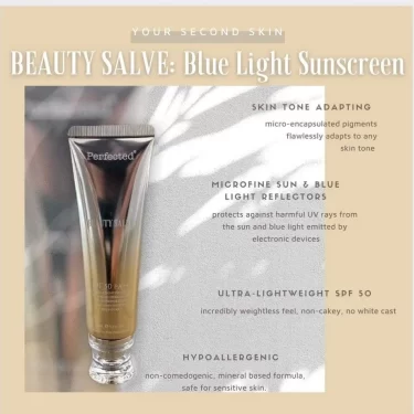 Benefits of Perfected Beauty Salve spf50 PA+++, fragrance free, broad-spectrum & tinted pure mineral sunscreen with skincare benefits second skin finish available in 40ml | Filipino Skin Care Shop Nz