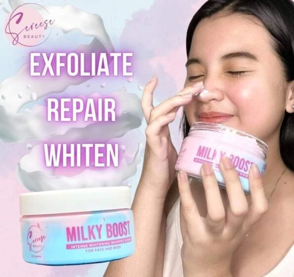 Image shows a girl applying the product Sereese Beauty Milky Boost Intense Whitening Whipped Scrub for face & body, with alpha arbutin, glutathione & niacinamide; 250g | Filipino Skin Care Shop Nz