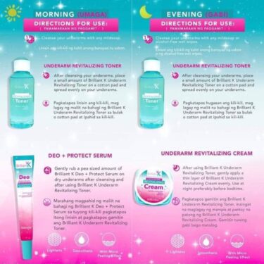 Directions for use for the 3 in 1 Brilliant K Underarm Revitalizing Kit (Toner, Deo, Cream) | Filipino Beauty Products NZ