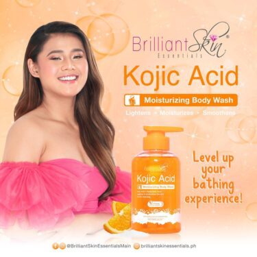 A lady in pink is promoting Brilliant Skin Essentials Kojic Acid Moisturizing Body Wash 300ml- lightens, moisturizes, smoothens skin. | Filipino Beauty Products NZ