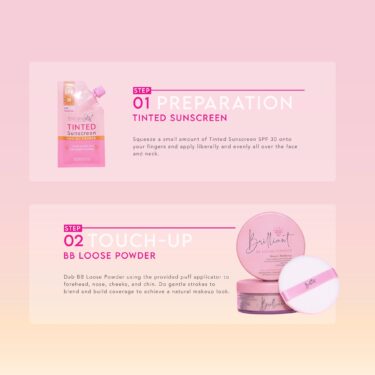Steps and directions of using the Brilliant Skin The Perfect Sunset set (Tinted Sunscreen SPF30 + BB Loose Powder SPF30) - Limited Edition | Filipino Beauty Products NZ