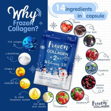 14 ingredients in 1 capsule available on Frozen Collagen 2in1 Whitening X10, with Premium Collagen Peptide 9000mg & L-Glutathione 3000mg, 60 capsules per pack | Thai Beauty Products NZ