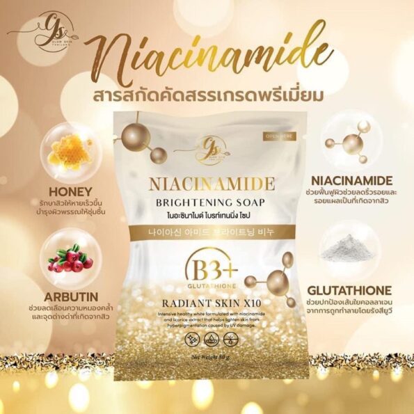 Main ingredients of Glow Skin Niacinamide Brightening Soap with B3+ Glutathione, radiant skin X10 | Thai Beauty Products NZ