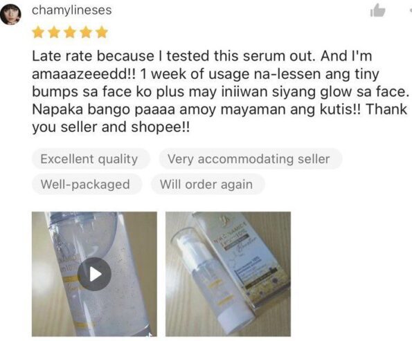 Image shows a positive review from a customer for the product Glow Skin Thailand Niacinamide Serum 10%, with Licorice plus+, whitening booster, 30ml | Thai Beauty Products NZ