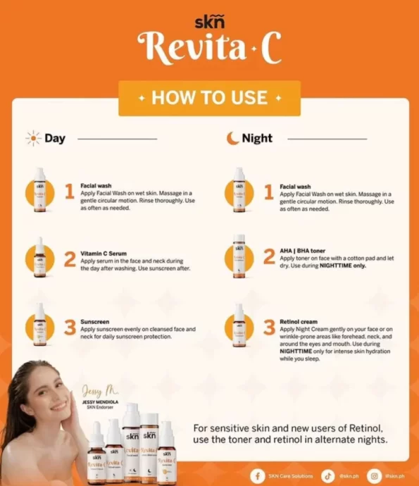 Steps on how to use the product skn Revita C 5in1, includes Facial Wash, AHA/BHA Toner, Sunscreen, Retinol, Vitamin C Serum | Filipino Skin Care Shop Nz