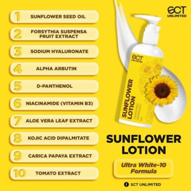 Some of the ingredients used with SCT Skin Can Tell Unlimited Sunflower Lotion SPF30, with ultra white-10 formula, 150ml | Filipino Skin Care Shop Nz