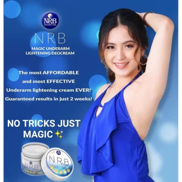 Lady in blue poses her underarm as she uses NRB Magic Underarm Whitening and Deo-Cream available in 40g | Filipino Skin Care Shop Nz