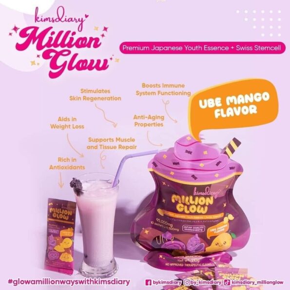 Some of the advantages of Key Kimsdiary Million Glow Ube Mango Flavor with Premium Japanese Youth Essence + Swiss Stemcell 10 sachets inside | Filipino Beauty Products NZ