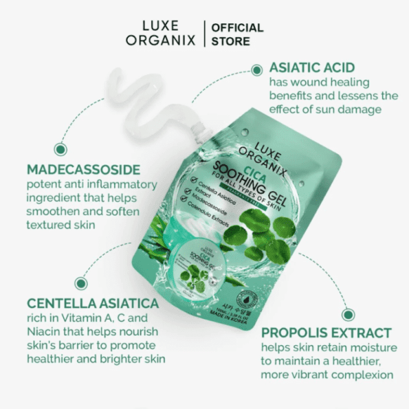 Ingredients of Luxe Organix Cica Soothing Gel for all types of skin, fragrance free with centella asiatica extract, madecassoside & calendula extracts | Shop Filipino Beauty Brands NZ