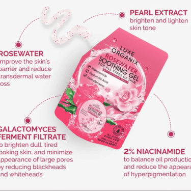 Ingredients of Luxe Organix Rosewater Soothing Gel with whitening pearls - for whitening, brightening & firming | Shop Filipino Beauty Brands NZ