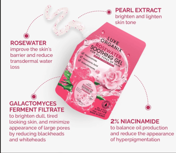 Ingredients of Luxe Organix Rosewater Soothing Gel with whitening pearls - for whitening, brightening & firming | Shop Filipino Beauty Brands NZ