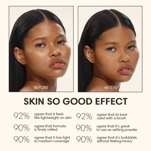 before & after result of Sunnies Face Skin So Good The Powder with 6 shades Almond, Cacao, Cassava, Flax, Sesame & Shroom | Filipino Beauty Products NZ, Korean Beauty Products NZ