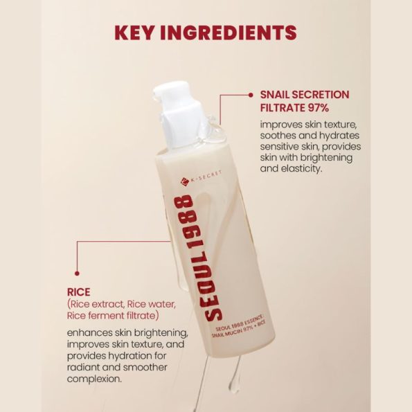 Ingredients-K-SECRET Seoul 1998 Essence Snail Mucin 97% + Rice | Filipino Beauty Products NZ, Shop Filipino Beauty Brands NZ, Filipino Skin Care Shop Nz, Japanese Beauty Products NZ, Thai Beauty Products NZ, Korean Beauty Products NZ, Sunnies Face New Zealand